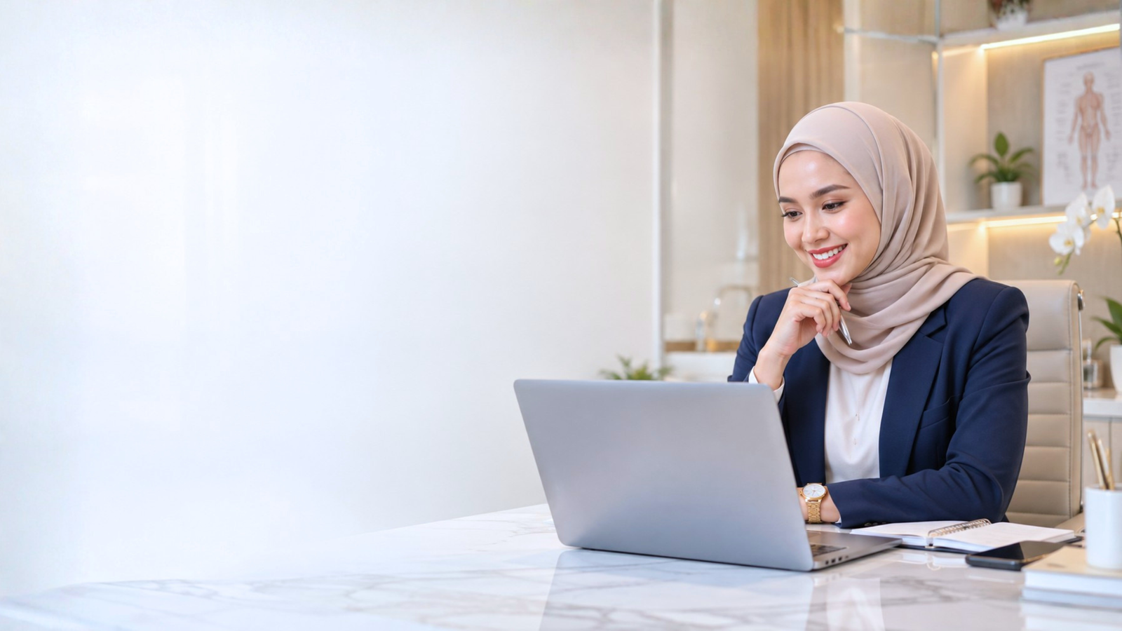 Malay business owner reviewing her business on a laptop in a modern professional office
